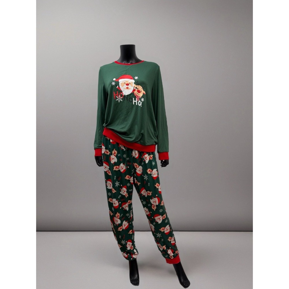 NWOT Ekouaer XL Top L Pants Christmas Pajama Set Green Santa Reindeer Print